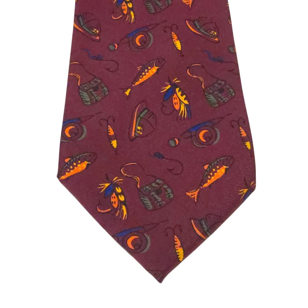 Lauren Ralph Lauren Mens Silk Tie Burgundy Fly Fishing Trout Lure Pattern EUC